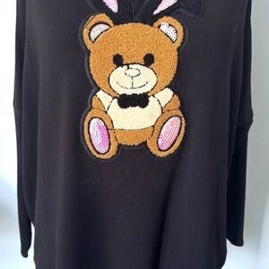Helmut Lang black asymmetrical lightweight sweatshirt top fuzzy teddy bear patch